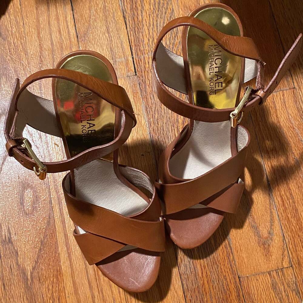 Michael Michael Kors Women's Brown Oksana Sandal Heel Luggage  7M
